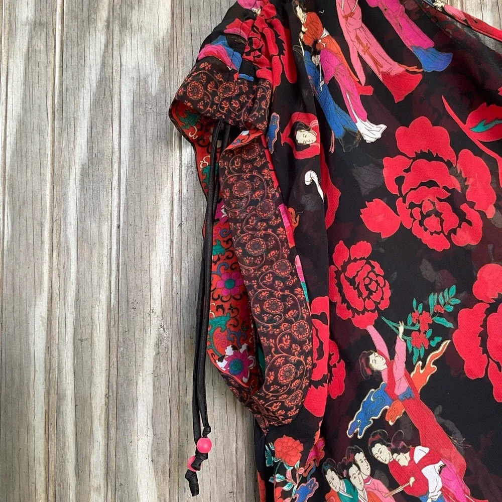 90s Josie Natori Asian Drawstring Semi Sheer Mini Dress Nightgown